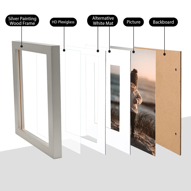 KINLINK 5x7 Picture Frame Light Grey, Solid Wood Frames with Acrylic Plexiglass for Pictures 4x6 with Mat or 5x7 without Mat,Tabletop and Wall Display Photo Frame Set of 4 - Image 3